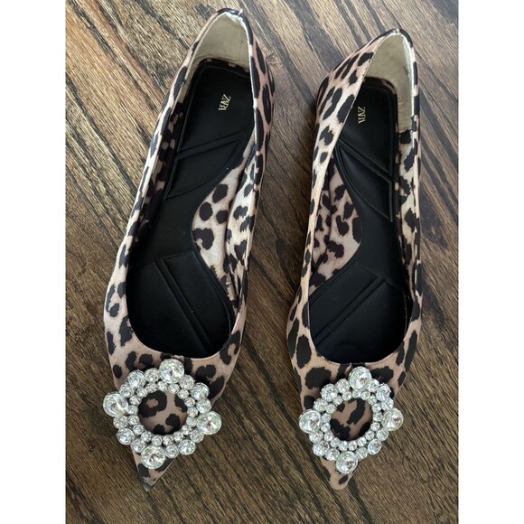Zara EMBELLISHED ANIMAL PRINT BALLET FLATS Size 38 Rhinestone - Picture 3 of 7